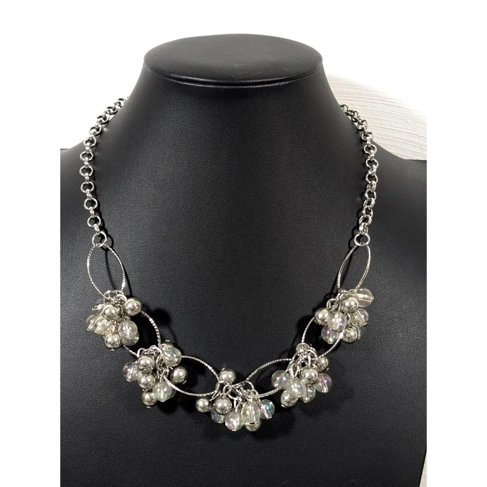 Retro Coastal Chic Silver Tone Round Bead Cluster Statement Necklace 21